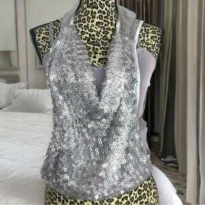 bebe Silver Sequin Cowl Neck Tank Top
